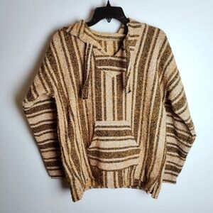Men's Rug Knit Mexican Baja Hooded Sweater Hoodie Poncho, Sz M